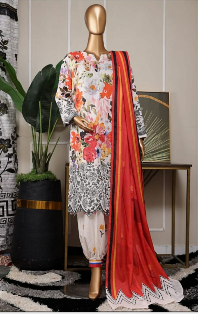 Nayab chikankari embroidery shirt , Printed slub dupatta / Printed trouser